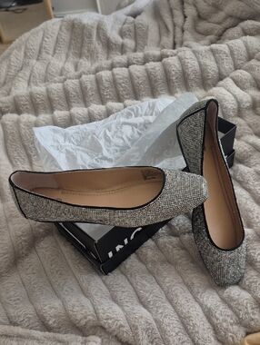 INC International Concepts Sparkle Tweed Ballet Flats in Silver and Black